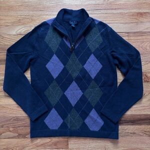 Allen Solly 2 Ply Cashmere Navy and Purple Argyle Zip-Up Sweater Men’s Sz Small